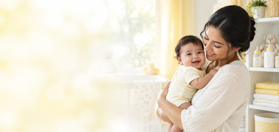 Mamá joven carga a su bebé sonriente en una recámara luminosa con productos de bebé
