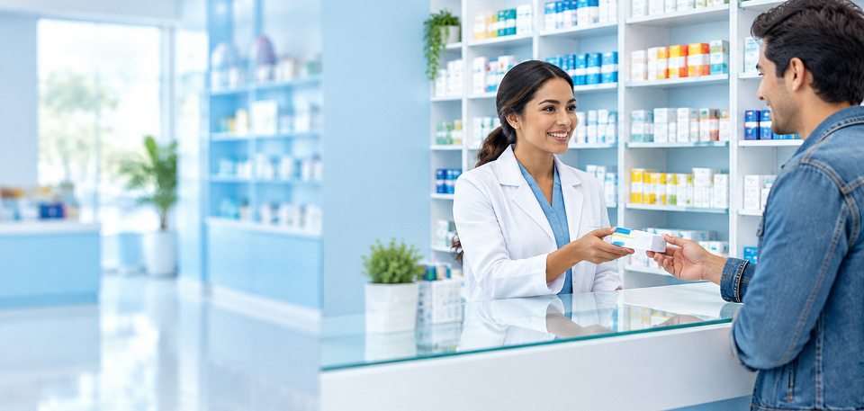 Farmacéutica entrega un medicamento a un cliente en el mostrador de una farmacia luminosa
