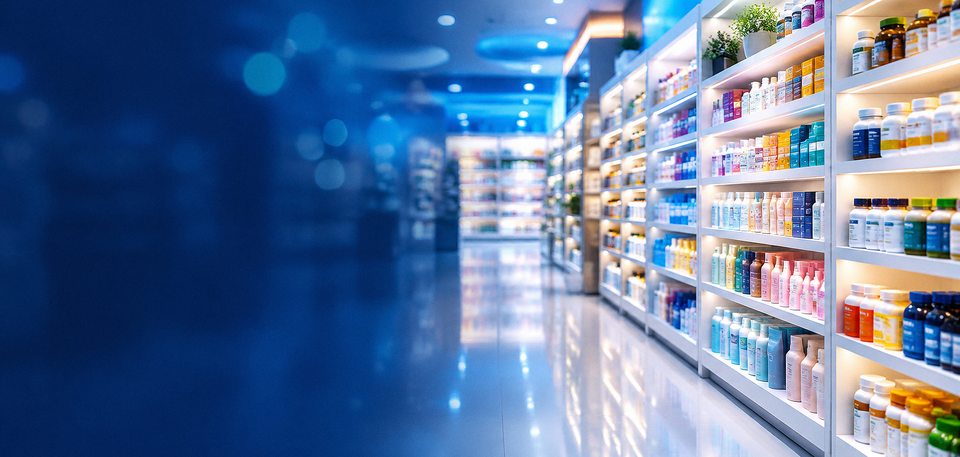 Pasillo de farmacia con anaqueles llenos de medicamentos, vitaminas y dermocosméticos