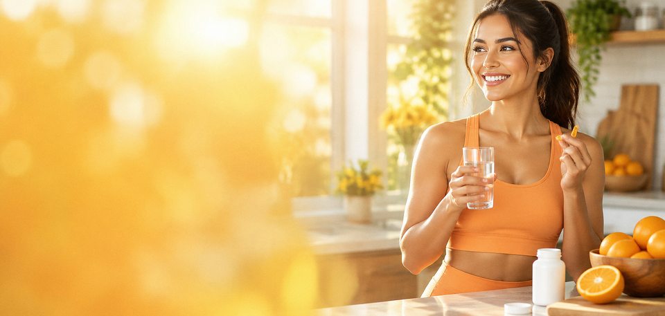 Mujer joven sonriente toma una cápsula de vitamina con un vaso de agua en una cocina soleada